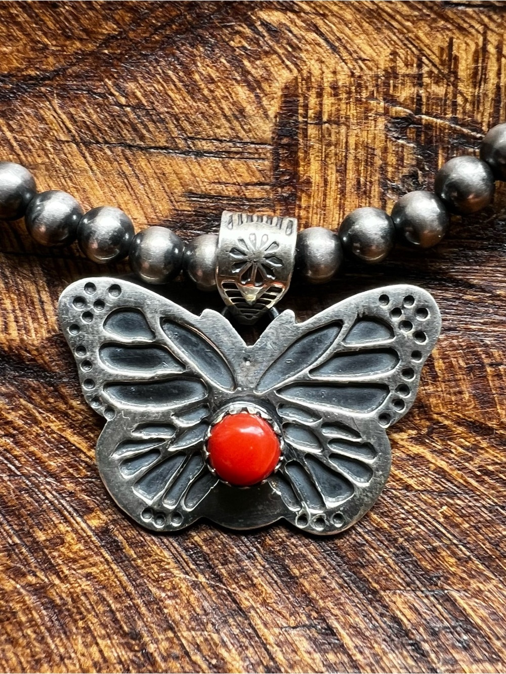 925 Sterling Silver Red Coral Butterfly Pendant Southwestern - Picture 2 of 12